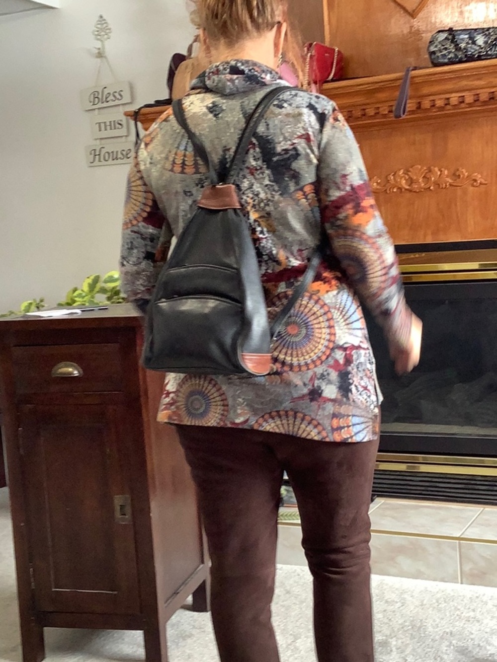 Everyday Black Leather Drawstring Backpack with Brown Trim